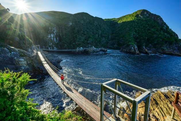 Woman hiking on suspension bridge over river at sunny day in Eastern Cape, South Africa model released, Symbolfoto, ANSF01118