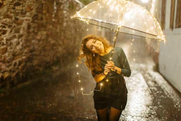 Creative Highlights Symbolbilder Woman holding umbrella with lights on street model released, Symbolfoto, MCHF00136