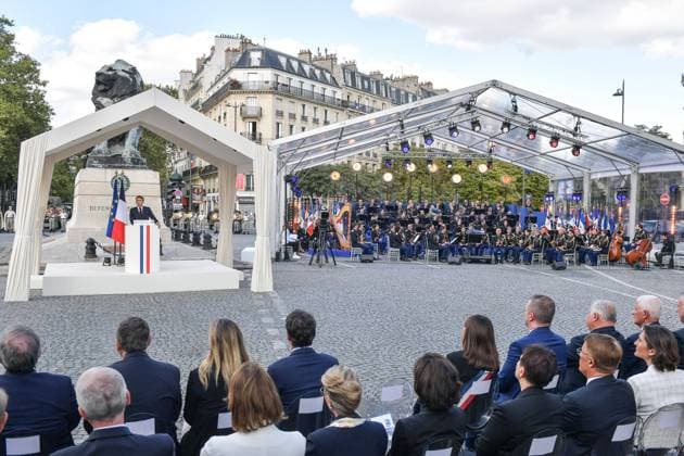 Bilder des Jahres 2024, News 08 August News Themen der Woche KW34 News Bilder des Tages 80th Anniversary Of The Liberation Of Paris President Emmanuel Macron delivers a speech during a ceremony commemorating the 80th anniversary of the Liberation of Paris next to the Denfert Rochereau Square, in Paris, France on August 25, 2024. Nazi Germany surrendered Paris on August 25, 1944, following the French Resistance uprising during World War II. Photo by Isa Harsin Pool ABACAPRESS.COM Paris France  Copyright: xHarsinxIsa Pool ABACAx