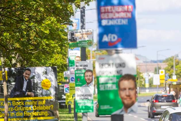 Landtagswahlkampf in Sachsen Die heiße Phase das Landtagswahlkampfes in Sachsen, kann man der Menge der verschiedentsten Botschaften an Bäume und Laternen ablesen. Dresden Sachsen Deutschland *** State election campaign in Saxony The hot phase of the state election campaign in Saxony can be seen in the amount of different messages on trees and lanterns Dresden Saxony Germany