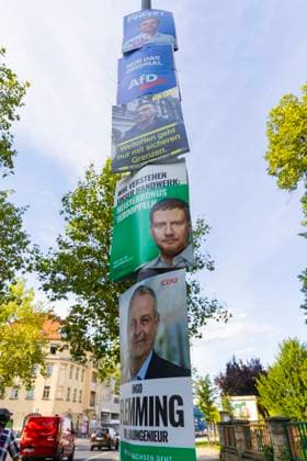 Landtagswahlkampf in Sachsen Die heiße Phase das Landtagswahlkampfes in Sachsen, kann man der Menge der verschiedentsten Botschaften an Bäume und Laternen ablesen. Dresden Sachsen Deutschland *** State election campaign in Saxony The hot phase of the state election campaign in Saxony can be seen in the amount of different messages on trees and lanterns Dresden Saxony Germany