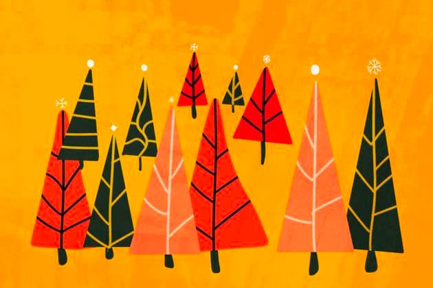 Creative Highlights Symbolbilder Stylized Christmas trees in a warm palette of red, orange, and black hues set against a golden yellow background, perfect for festive postcards. Model Released HodeiUnzueta_ID23537_683564_002 Copyright: xHodeixUnzuetax RECORD DATE NOT STATED