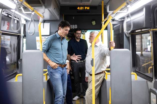 August 29, 2024, Sault Ste. Marie, Ontario, Canada: Prime Minister Justin Trudeau speaks with Sault Ste. Marie MP Terry Sheehan, right, during a scheduled event at the City of Sault Ste Marie Transit Facility on Thursday, August, 29, 2024. Sault Ste. Marie Canada  - ZUMAc35_ 20240829_zaf_c35_041 Copyright: xKennethxArmstrongx