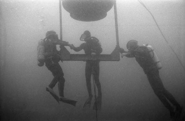 The first underwater house Sadko 8752883 20.05.1970 The first underwater house Sadko created in 1966 by scientists and students of the Leningrad Hydrometeorological Institute, was built on the bottom of the Black Sea. The underwater house Sadko was shaped like a sphere with a diameter of three square meters. For stability on the seabed, it had a special stand attached to the sphere. A group of scientists during the exit from the underwater sphere. Juksha Republic of Crimea Russia  Copyright: xJukshax