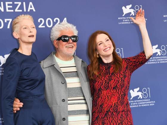 Venice, 81st Venice Film Festival 2024 - Day 6, Red Carpet of the film The Room Next Door . In the photo Tilda Swinton, Pedro Almodovar and Julianne Moore  Copyright: xAlbertoxTerenghix xipa-agency.nex xPoolxPhotoxEventsx04x IPA_Agency_IPA49287212