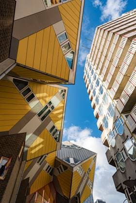Creative Highlights World Cube houses, yellow cube shaped architecture, and Maastower, Rotterdam, The Netherlands, Europe Copyright: CasparxSchlageter 1372-544 RECORD DATE NOT STATED