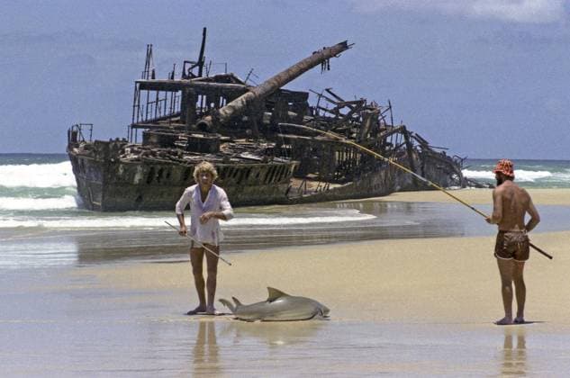 Archivbilder der Woche KW35 FRASER ISLAND, AUSTRALIEN DEZEMBER 1982: Fischer fangen einen zwei Meter langen Grauen Ammenhai mit einer Brandungsrute in der Nähe des Maheeno Wracks im Dezember 1982 auf Fraser Island, Australien, Ozeanien FRASER ISLAND, AUSTRALIA DECEMBER 1982: Fishermen bring in a two metre Grey Nurse Shark with a surf rod near the Maheeno wreck in December 1982, at Fraser Island, Australia, Oceania Copyright: imageBROKER LakeviewxImagexLibra iblrig11260348.jpg