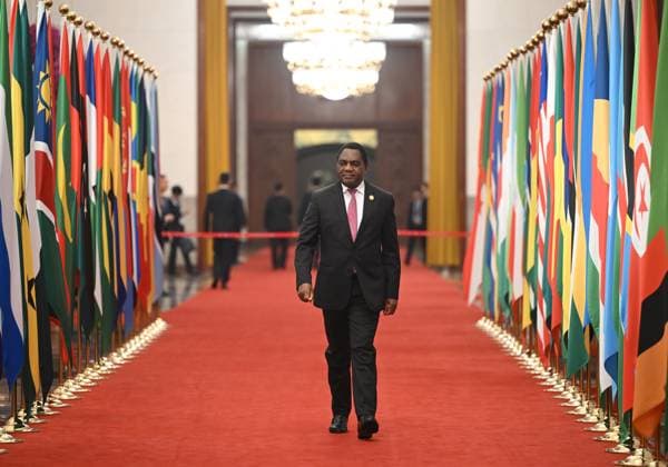 (240904) -- BEIJING, Sept. 4, 2024 -- Zambian President Hakainde Hichilema arrives at the Great Hall of the People for a welcome banquet in Beijing, capital of China, Sept. 4, 2024. Chinese President Xi Jinping and his wife Peng Liyuan hosted the banquet here on Wednesday to welcome international guests attending the 2024 Summit of the Forum on China-Africa Cooperation (FOCAC). ) (FOCAC)CHINA-BEIJING-FOCAC SUMMIT-WELCOME BANQUET-ARRIVAL (CN) JinxLiangkuai 