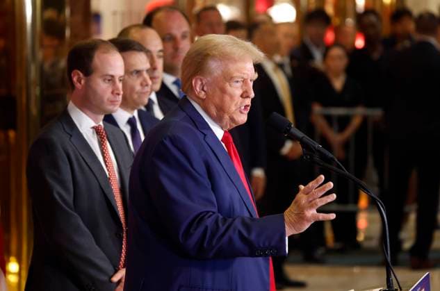 Former President Donald Trump stands with his lawyers as he speaks at a press conference at Trump Tower in New York City on Friday, September 6, 2024. The former president attended a court hearing on Friday as his lawyers argued to overturn a $5 million jury verdict finding him liable of sexually abusing writer E. Jean Carroll.  NYP20240906714 JOHNxANGELILLO