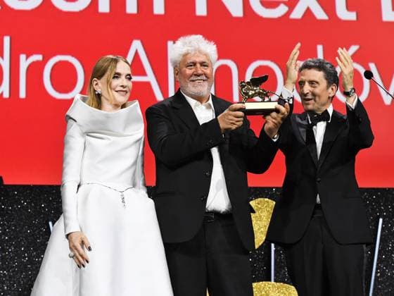 Venice, 81st Venice Film Festival 2024 - Eleventh Evening: Closing Ceremony. The Awards. In the photo Isabelle Huppert, Pedro Almodovar and Pietrangelo Buttafuoco  Copyright: xAlbertoxTerenghix xipa-agency.nex xPoolxPhotoxEventsx04x IPA_Agency_IPA49437047