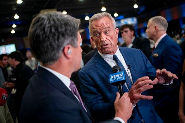Robert F. Kennedy Jr. speaks to reporters in the spin room before the ABC Presidential Debate between Democratic presidential nominee and Vice President Kamala Harris and Republican presidential candidate, former U.S. President Donald Trump at the Pennsylvania Convention Center in Philadelphia, Pennsylvania on Tuesday, September 10, 2024. Trump and Harris will meet for their first, and potentially only, debate in a battleground state less than two months before Election Day.  PHI20240910321 BONNIExCASH