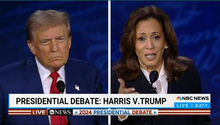 RECORD DATE NOT STATED Split screen on ABC TV shows former President Donald Trump (L) and Vice-President Kamala Harris face off at the ABC Presidential Debate at the Pennsylvania Convention Center in Philadelphia, Pennsylvania on Tuesday, September 10, 2024. via ABC TV  PHI20240910192 ABCxTV
