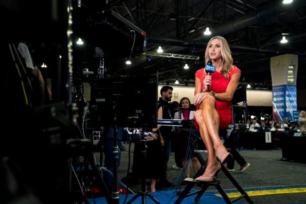 Lara Trump, co-chair of the Republican National Committee, speaks during an interview in the spin room before the ABC Presidential Debate between Democratic presidential nominee and Vice President Kamala Harris and Republican presidential candidate, former U.S. President Donald Trump at the Pennsylvania Convention Center in Philadelphia, Pennsylvania on Tuesday, September 10, 2024. Trump and Harris will meet for their first, and potentially only, debate in a battleground state less than two months before Election Day.  PHI20240910327 BONNIExCASH