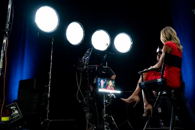 Lara Trump, co-chair of the Republican National Committee, speaks during an interview in the spin room before the ABC Presidential Debate between Democratic presidential nominee and Vice President Kamala Harris and Republican presidential candidate, former U.S. President Donald Trump at the Pennsylvania Convention Center in Philadelphia, Pennsylvania on Tuesday, September 10, 2024. Trump and Harris will meet for their first, and potentially only, debate in a battleground state less than two months before Election Day.  PHI20240910330 BONNIExCASH