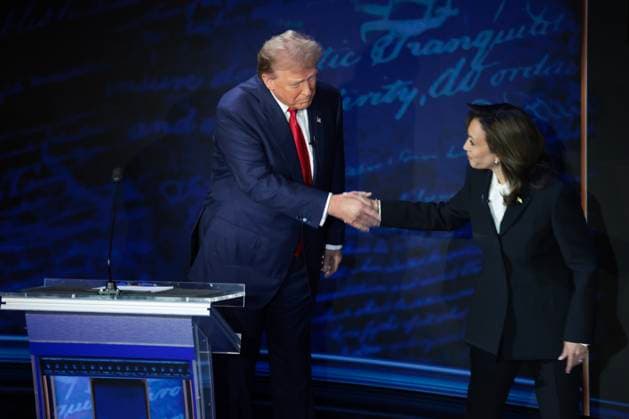 Republican presidential nominee, former U.S. President Donald Trump, greets Democratic presidential nominee, U.S. Vice President Kamala Harris, for the first time during the presidential election campaign at The National Constitution Center on Tuesday, September 10, 2024 in Philadelphia, Pennsylvania. Pool  WASP20240910132 WinxMcNamee