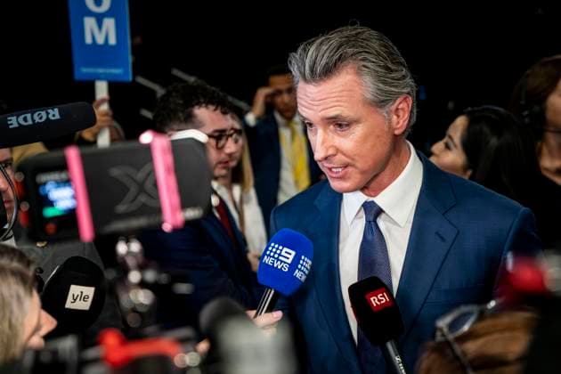 Governor of California Gavin Newsom speaks to reporters in the spin room following the ABC Presidential Debate between Democratic presidential nominee and Vice President Kamala Harris and Republican presidential candidate, former U.S. President Donald Trump at the Pennsylvania Convention Center in Philadelphia, Pennsylvania on Tuesday, September 10, 2024. Trump and Harris will meet for their first, and potentially only, debate in a battleground state less than two months before Election Day.  PHI20240910391 BONNIExCASH