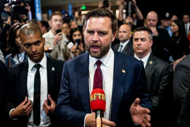 Republican vice-presidential nominee JD Vance speaks to reporters in the spin room following the ABC Presidential Debate between Democratic presidential nominee and Vice President Kamala Harris and Republican presidential candidate, former U.S. President Donald Trump at the Pennsylvania Convention Center in Philadelphia, Pennsylvania on Tuesday, September 10, 2024. Trump and Harris will meet for their first, and potentially only, debate in a battleground state less than two months before Election Day.  PHI20240910373 BONNIExCASH