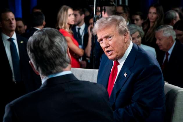 Republican presidential candidate, former U.S. President Donald Trump speaks during an interview with Fox News in the spin room ollowing the ABC Presidential Debate between Democratic presidential nominee and Vice President Kamala Harris and the former president at the Pennsylvania Convention Center in Philadelphia, Pennsylvania on Tuesday, September 10, 2024. Trump and Harris will meet for their first, and potentially only, debate in a battleground state less than two months before Election Day.  PHI20240910383 BONNIExCASH
