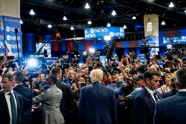 Republican presidential candidate, former U.S. President Donald Trump speaks to reporters in the spin room following the ABC Presidential Debate between Democratic presidential nominee and Vice President Kamala Harris and the former president at the Pennsylvania Convention Center in Philadelphia, Pennsylvania on Tuesday, September 10, 2024. Trump and Harris will meet for their first, and potentially only, debate in a battleground state less than two months before Election Day.  PHI20240910397 BONNIExCASH