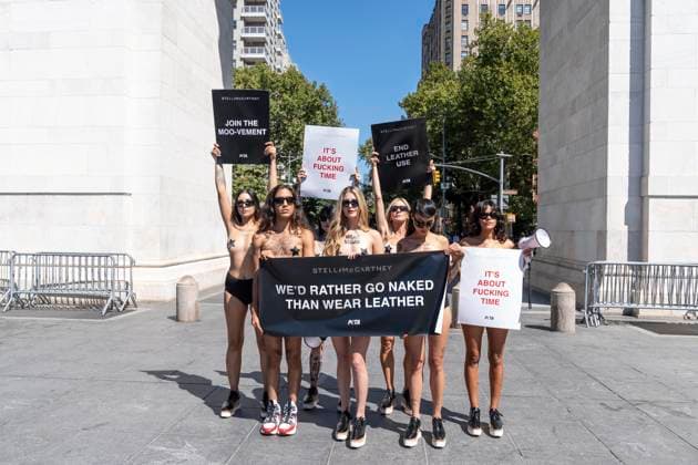 September 10, 2024, New York, New York, United States: PETA activists rally on Washington Square in New York on September 10, 2024 to demand end of leather usage in fashion during Fashion Week sponsored by designer Stella McCartney New York United States - ZUMAr339 20240910_znp_r339_090 Copyright: xLevxRadinx