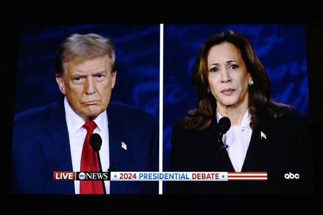 (240911) -- PHILADELPHIA, Sept. 11, 2024 -- This photo taken at the U.S. presidential debate media filing center on Sept. 10, 2024 shows U.S. Vice President Kamala Harris (R) and former President Donald Trump during a presidential debate in Philadelphia, the United States. Harris and Trump on Tuesday night faced off here for the first time in the 2024 U.S. presidential debate. ) U.S.-PHILADELPHIA-HARRIS-TRUMP-PRESIDENTIAL DEBATE LixRui 