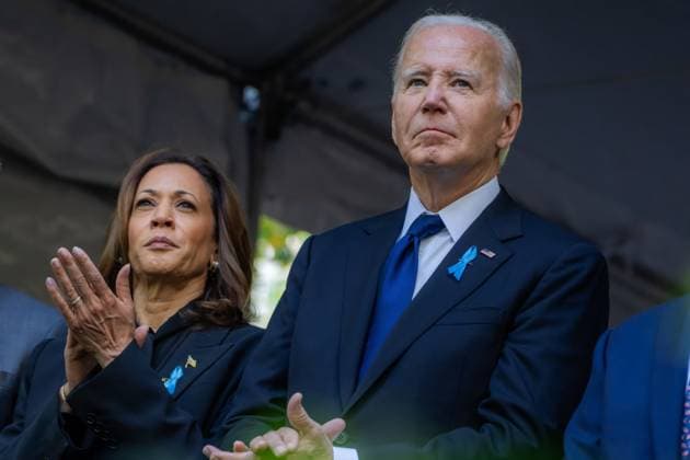 September 11, 2024, New York, Ny, United States of America: U.S President Joe Biden, right, and Vice President Kamala Harris, left, attend the 9 11 Memorial ceremony on the 23rd anniversary of the terrorist attacks at the National September 11 Memorial, September 11, 2024 in New York City, New York. New York United States of America - ZUMAp138 20240911_zaa_p138_006 Copyright: xAdamxSchultz WhitexHousex
