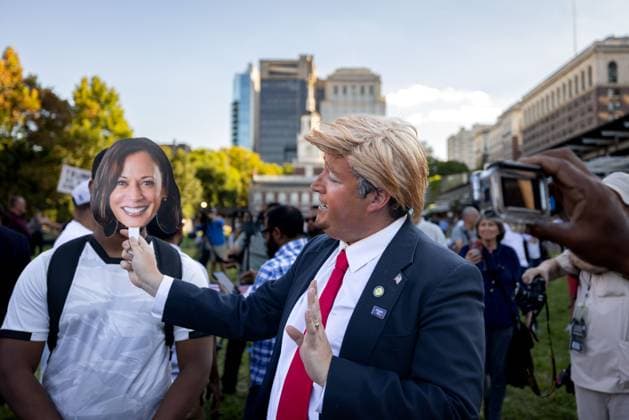 NY: Pro-Palestine Protest at Presidential Debate in Philadelphia A Trump impersonator performs with a Kamala Harris mask outside the National Constitutional Center where the first presidential debate between former President Donald Trump and Vice President Kamala Harris is held on September 10, 2024 in Philadelphia, Pennsylvania. With less than eight weeks until the election, neither candidate has a clear lead in the battleground states, including Pennsylvania, one of the likeliest to decide the Electoral College. Philadelphia Pennsylvania United States Copyright: MichaelxNigro