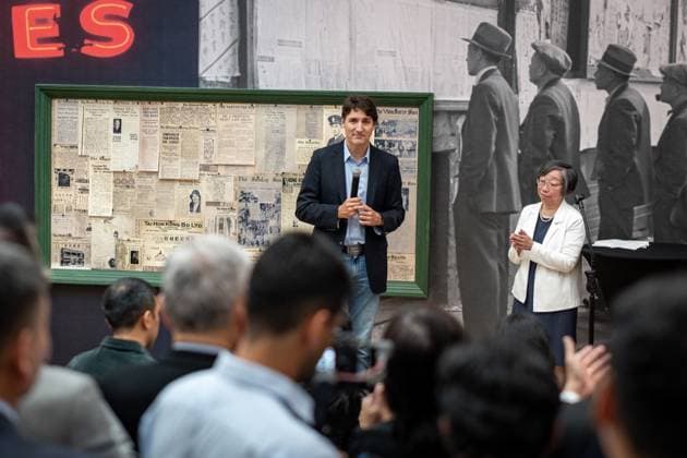 September 12, 2024, Vancouver, Bc, CANADA: Prime Minister Justin Trudeau pauses as he speaks to guests along side museum Board Chair, Grace Wong, after a tour of the Chinese Canadian Museum in Vancouver, on Thursday, September 12, 2024. Vancouver CANADA  - ZUMAc35_ 20240912_zaf_c35_039 Copyright: xEthanxCairnsx