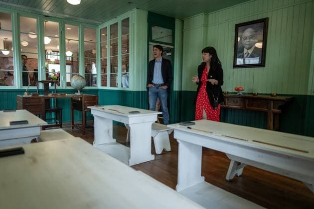 September 12, 2024, Vancouver, Bc, CANADA: Prime Minister Justin Trudeau enters a replica of a classroom during a tour of the Chinese Canadian Museum in Vancouver, on Thursday, September 12, 2024. Vancouver CANADA  - ZUMAc35_ 20240912_zaf_c35_045 Copyright: xEthanxCairnsx