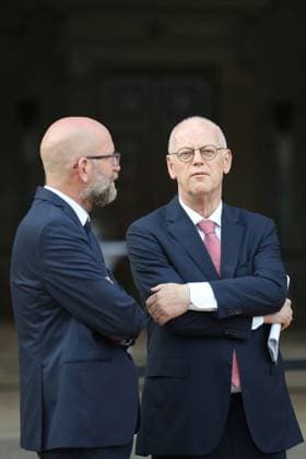 Germany: M100 Media Award in Potsdam Brandenburg: The photo shows the former Defense Minister Rudolf Scharping and Moritz van Dülmen before the M100 Media Award ceremony in the Orangery Sanssouci in Potsdam Potsdam Brandenburg Germany Copyright: SimonexKuhlmey