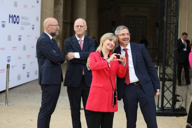 Germany: M100 Media Award in Potsdam Brandenburg: The photo shows Sabine Sasse and Mike Schubert, Mayor of Potsdam, former Defense Minister Rudolf Scharping and Moritz van Dülmen before the M100 Media Award ceremony in the Orangery Sanssouci in Potsdam Potsdam Brandenburg Germany Copyright: SimonexKuhlmey