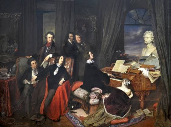 Franz Liszt am Klavier, von Josef Danhauser, 1840, mit Alfred de Musset oder Alexandre Dumas père, George Sand, Marie d Agoult, Hector Berlioz oder Victor Hugo, Niccolò Paganini, Gioachino Rossini, digital optimiert Franz Liszt at the Piano, by Josef Danhauser, 1840, with Alfred de Musset or Alexandre Dumas père, George Sand, Marie d Agoult, Hector Berlioz or Victor Hugo, Niccolò Paganini, Gioachino Rossini, digitally optimized Copyright: imageBROKER Heinz-DieterxFalkens iblhfa11362877.jpg