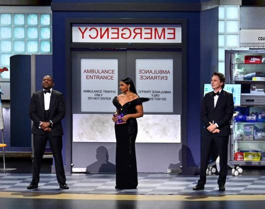(L-R) Mekhi Phifer, Mindy Kaling, and Zach Braff appear onstage during the 76th annual Primetime Emmy Awards at the Peacock Theater in Los Angeles on Sunday, September 15, 2024.  LAP2024091589 JIMxRUYMEN