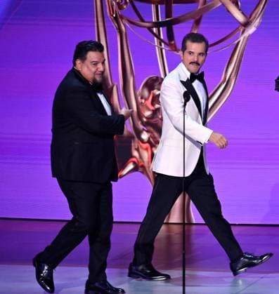 (L-R) Cris Abrego, Television Academy Chair, and John Leguizamo appear onstage during the 76th annual Primetime Emmy Awards at the Peacock Theater in Los Angeles on Sunday, September 15, 2024.  LAP20240915112 JIMxRUYMEN