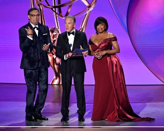 (L-R) Jimmy Smits, Don Johnson and Niecy Nash-Betts appear onstage during the 76th annual Primetime Emmy Awards at the Peacock Theater in Los Angeles on Sunday, September 15, 2024.  LAP20240915148 JIMxRUYMEN