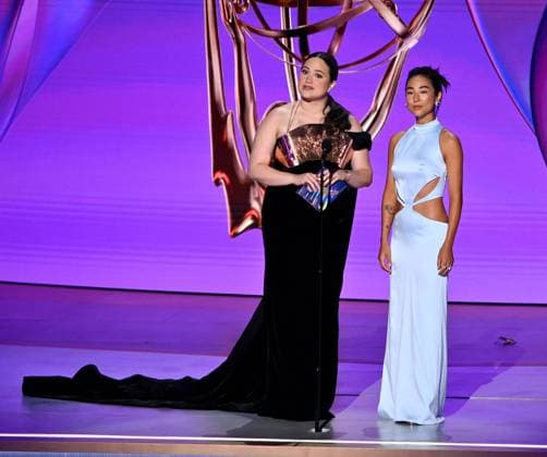 (L-R) Lily Gladstone and Greta Lee appear onstage during the 76th annual Primetime Emmy Awards at the Peacock Theater in Los Angeles on Sunday, September 15, 2024.  LAP20240915150 JIMxRUYMEN