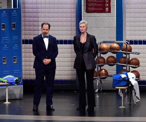 (L-R) Brendan Hunt and Jane Lynch appear onstage during the 76th annual Primetime Emmy Awards at the Peacock Theater in Los Angeles on Sunday, September 15, 2024.  LAP20240915193 JIMxRUYMEN