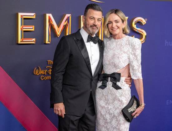 Jimmy Kimmel (L) and Molly McNearney arrives for the 76th annual Primetime Emmy Awards at the Peacock Theater in Los Angeles on Sunday, September 15, 2024.  LAP202409150245 ALEXxGALLARDO