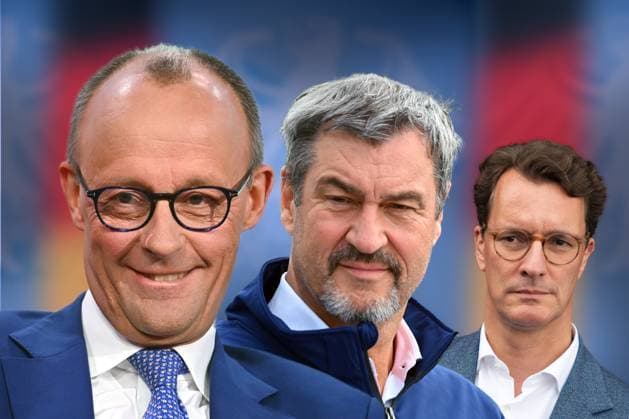 FOTOMONTAGE: Wer wird der Kanzlerkandidat der Union? CDU-Chef Merz (li,CDU) gilt als Favorit, Doch Markus SOEDER (Mitte,Ministerpraesident Bayern und CSU Vorsitzender) bringt sich in Stellung. Auch Hendrik WUEST (CDU,Ministerpraesident NRW) rechnet sich Chancen aus. *** PHOTO ASSEMBLY Who will be the CDUs candidate for chancellor CDU leader Merz left, CDU is considered the favorite, but Markus SOEDER center, State Premier of Bavaria and CSU chairman is also positioning himself Hendrik WUEST CDU, State Premier of North Rhine-Westphalia is also in with a chance