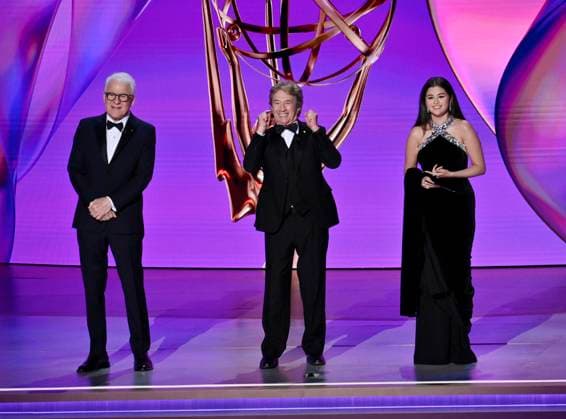 (L-R) Steve Martin, Martin Short, and Selena Gomez appear onstage during the 76th annual Primetime Emmy Awards at the Peacock Theater in Los Angeles on Sunday, September 15, 2024.  LAP2024091504016 JIMxRUYMEN