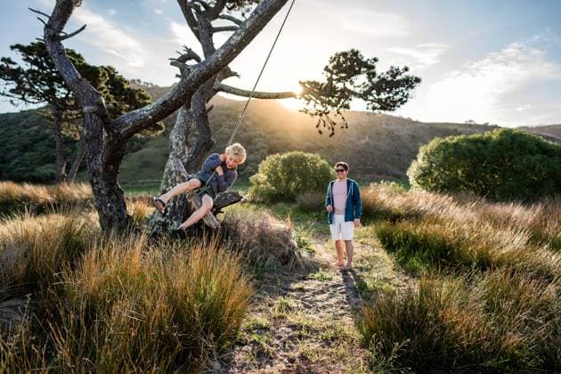 Creative Highlights Symbolfotos Father pushing child on rope swing on sunny evening Ocean Beach, Hawke s Bay, New Zealand CR_JUCR240913-1539957-01 ,model released, Symbolfoto