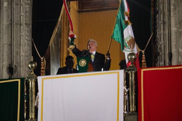 MexicoÃ¢â‚¬â ¢s President, Andres Manuel Lopez Obrador weaves the Mexican flag while makes his last shout of independence to commemorate the 214th anniversary of Mexico s Independence Day on the balcony of the National Palace at Zocalo in the main square. Mexico City Mexico - ZUMAe321 20240915_zia_e321_022 Copyright: xIanxRoblesx