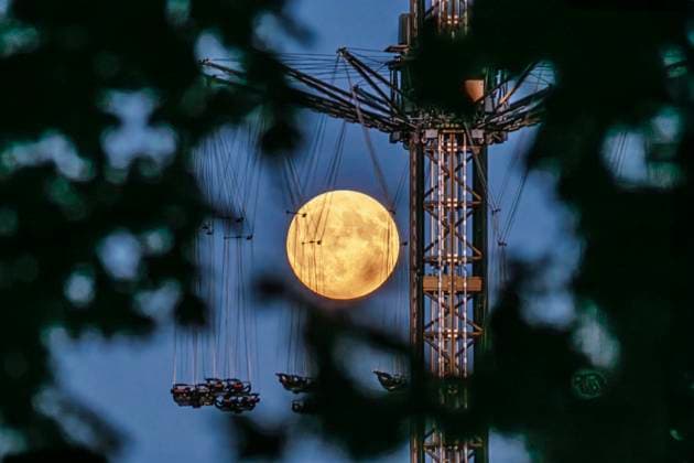 News Themen der Woche KW38 News Bilder des Tages Vollmond am Wiesnhimmel, vier Tage vor Start des Oktoberfests, München, 17. September 2024 Deutschland, München, 17. September 2024, Vollmond hinter dem 80 Meter hohen Jules-Verne-Tower, Hochkarussell auf dem Oktoberfest, der Supermond scheint über der Theresienwiese, Dienstagabend um 19:38 Uhr, Abendhimmel über München, der Mond ist besonders hell und groß, weil er in seiner Umlaufbahn am erdnächsten Punkt ist, vier Tage vor Start des Oktoberfests, der Aufbau ist fast beendet, Bayern, Volksfest, *** Full moon in the Oktoberfest sky, four days before the start of the Oktoberfest, Munich, September 17, 2024 Germany, Munich, September 17, 2024, full moon behind the 80 meter high Jules Verne Tower, high carousel at the Oktoberfest, the