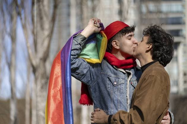 Junges homosexuelles Paar, das sich in einem Park küsst und eine Regenbogenflagge hält Young gay couple kissing in a park holding lgbt rainbow flag Copyright: imageBROKER MarianoxGaspar ibxmog11349758.jpg ,model released, Symbolfoto ,property released