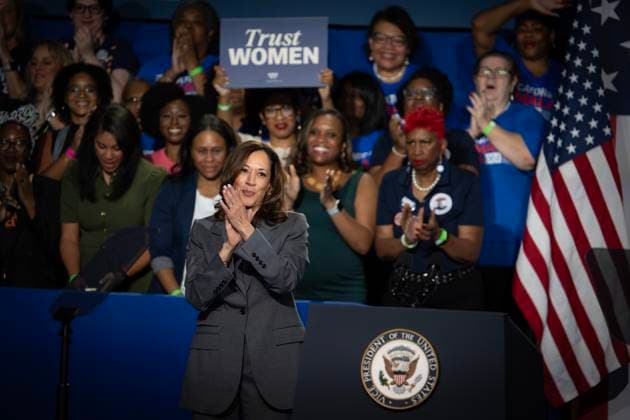 September 20, 2024, Atlanta, Georgia, USA: Democratic presidential candidate Vice President Kamala Harris addresses a group of supporters at a reproductive right rally in Atlanta Friday, touching on recent womenÃ¢â‚¬â ¢s deaths in Georgia because of the stateÃ¢â‚¬â ¢s restrictive abortion laws. Atlanta USA - ZUMAn03_ 20240920_zaf_n03_018 Copyright: xRobinxRaynex