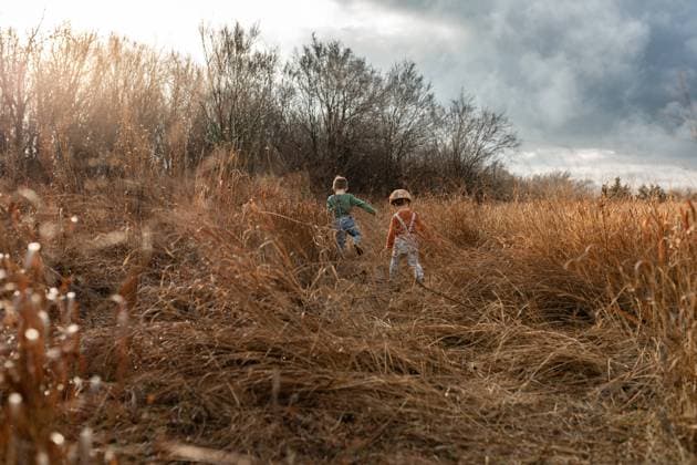 Creative Highlights Symbolfotos Two children in dry field during fall walking under cloudy sky Norman, Oklahoma, United States CR_AOVS240918B-1532608-01 ,model released, Symbolfoto