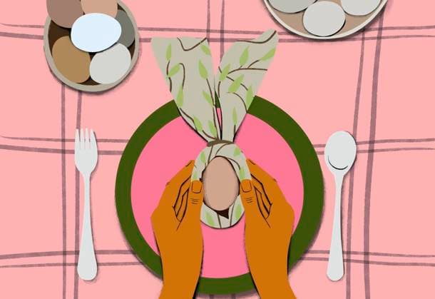 Easter celebration table setting with female hands holding a linen bunny-shaped napkin and egg, on a pink plaid tablecloth. Easter Table Decor, Festive Setup, Spring Celebration, Handmade Decor Colorful illustration of hands wrapping a cloth bundle with food on a pink checkered tablecloth. sham00328 Copyright: xConnectxImagesx