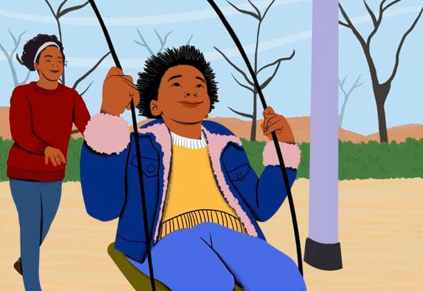 Creative Highlights Symbolfotos Young boy enjoying a swing ride in a park with his mother lovingly pushing him, a snapshot of familial care and outdoor play. Childhood joy, maternal support, outdoor recreation, family bonding Child enjoying a swing in a park with a woman standing behind, smiling on a sunny day. sham00338 Copyright: xConnectxImagesx ,property released