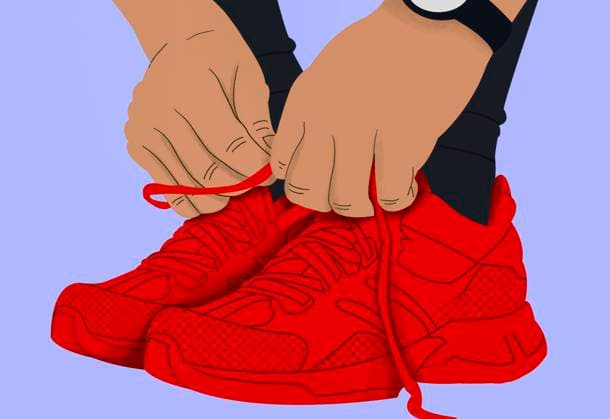 Creative Highlights Symbolfotos An illustration of hands tying the laces of red running shoes, ready for physical activity, emphasizing preparation and fitness Close-up of hands tying the red laces on a vibrant pair of red sneakers against a purple background. sham00369 Copyright: xConnectxImagesx ,property released