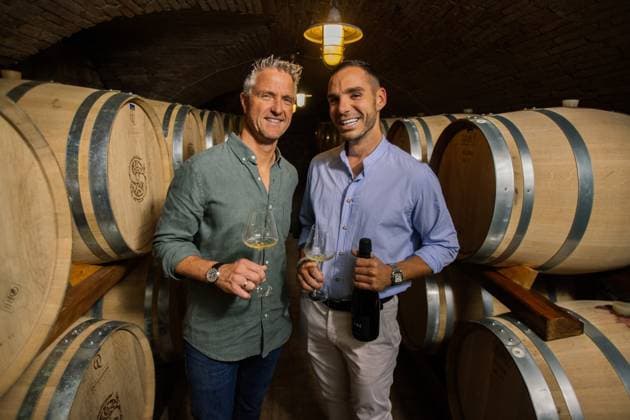 Oprtalj, 210824. Ralph Schumacher, former Formula 1 driver, grape harvest and winery. In the photo: Ralf Schumacher and his partner Etienne Bousquet-Cassagne. Photo: Vedran Peteh CROPIX Copyright: xxVedranxPetehx schumacher_dobrovo2-190824